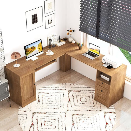 Giantex 66" L-Shaped Desk with Storage Drawers & Charging Station, Spacious Corner Computer Desk with Keyboard Tray, Adjustable Shelf, Cabinet, Huge Workspace Home Office Study Writing Desk (Natural)