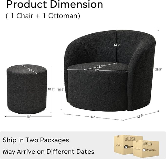 KINWELL 34" Boucle Swivel Barrel Chair with 18" Round Ottoman Set, Fully Assembled Set of Sherpa Accent Chair and Footrest, Modern Comfy Armchair and Footstool for Living Room and Bedroom, Black