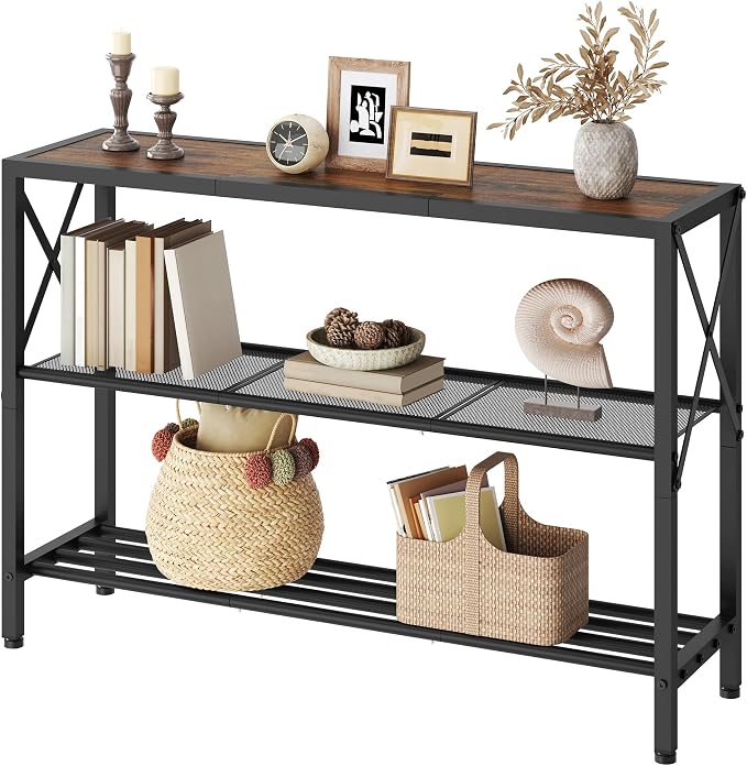 Hoctieon Industrial Console Table, 3 Tier Entryway Table, Hallway Table, Narrow Sofa Table with Shelves, Entrance Table for Entryway, Living Room, Foyer, Hallway, Office, Rustic Brown&Black