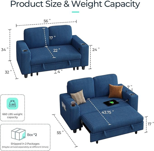 LINSY HOME Sectional Sleeper Sofa with Pull Out Couch Bed for Living Room (Blue) | Plush Corduroy