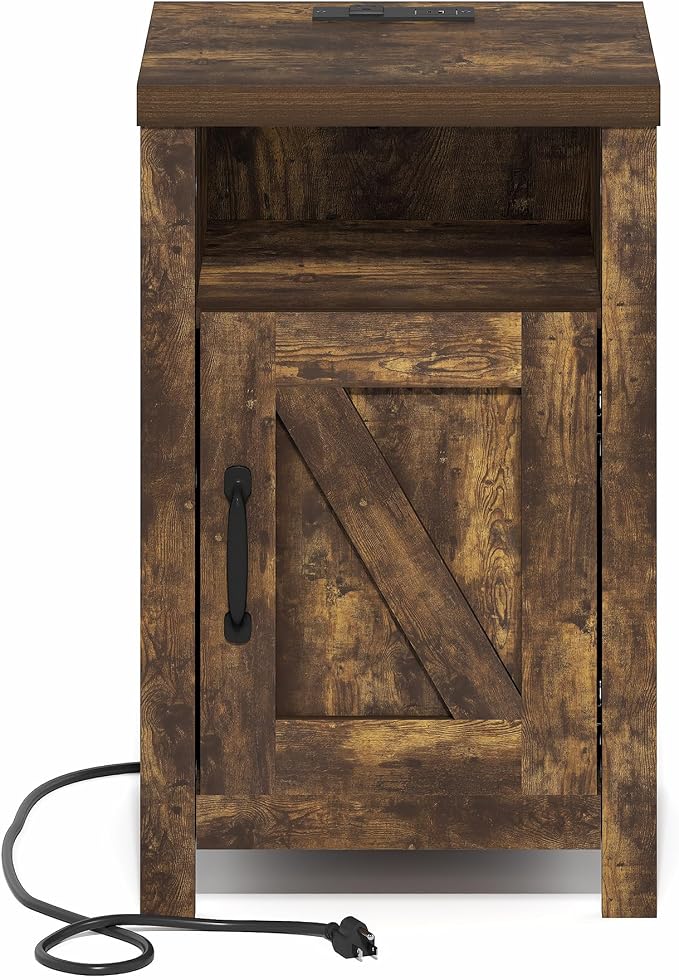 Furinno Farmhouse Night Stand with Charging Station, Bedside Table, Side Table, End Table with Door, USB Ports and Outlets, for Bedroom, Closet, Dorm, Amber Oak