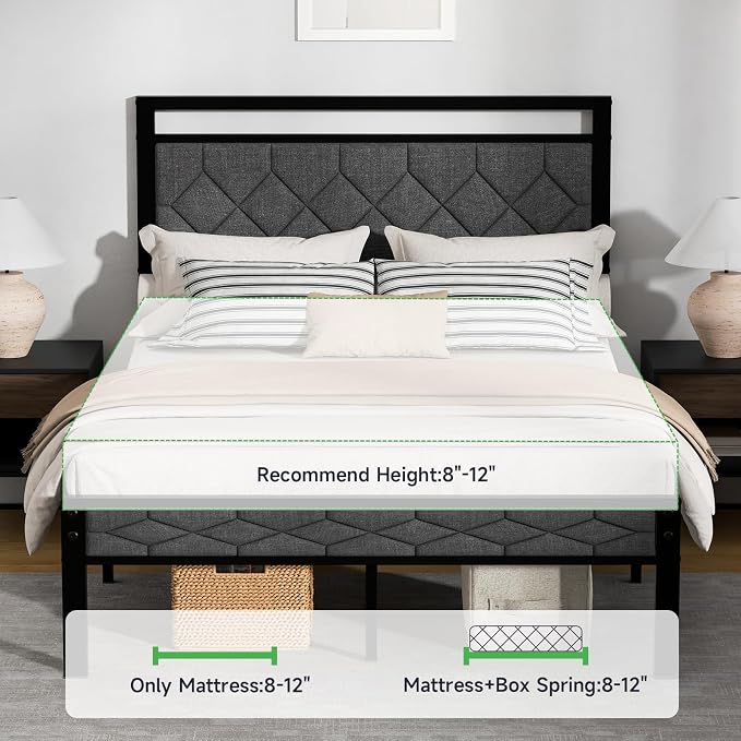 Z-hom Easy Assembly Upholstered Platform Bed Frame with Soft Padded Headboard, Modern Linen Fabric Mattress Foundation, No Box Spring Needed, Noise-Free & Sturdy Metal Support, Full Size (Grey)