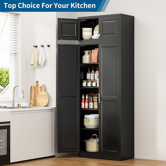 86" Tall Black Metal Storage Cabinet with Doors and 4 Adjustable Shelves, Heavy Duty Steel Pantry Cabinet for Garage, Kitchen, Extra Large Industrial Cupboard (2 Packages)