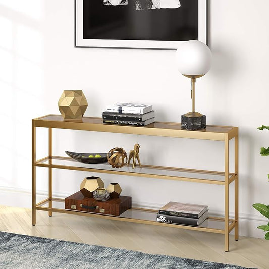 Henn&Hart 55" Wide Rectangular Console Table in Brass, Entryway Table, Accent Table for Living Room, Hallway | Open lower shelves adds practical storage while the glass design keeps spaces feeling bright for living rooms or entryways