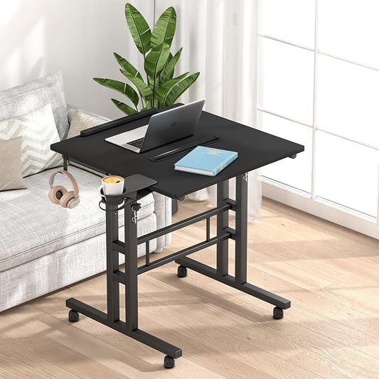 Klvied Height Adjustable Mobile Standing Desk, Tiltable Laptop Desk with Cup Holder & Hook, Portable Rolling Desk with Lockable Casters, Home Office Workstation for Standing/Sitting, Black
