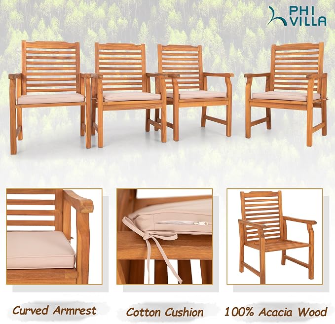 PHI VILLA 9pc Outdoor Dining Set, Expandable Wood Table w/Umbrella Hole | Acacia wood teak patio furnitue set for 8. Perfect for patio, deck, porch, backyard. Chairs with cushions