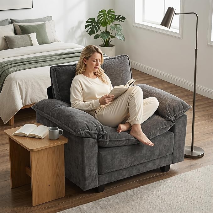 Modern Cloud Single Sofa, Comfy Chenille Couch for Living Room, Black | Cloud Couch,Comfortable Cushioning,Cozy Armrest Support,Modern Appearance,Easy Assembly, Sturdy Frame