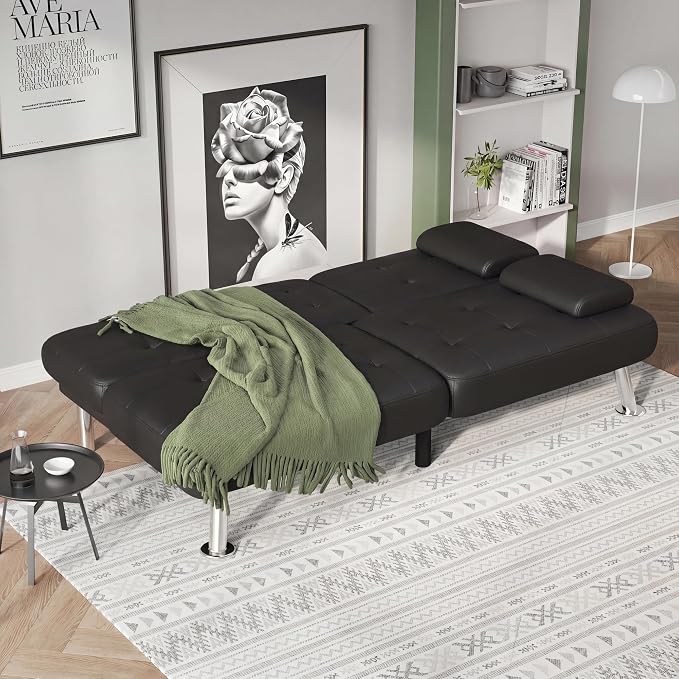 Flamaker Futon Sofa Bed Modern Folding Futon Set Convertible Recliner Lounge for Living Room with 2 Cup Holders, Removable Armrests (PU Leather, Black)