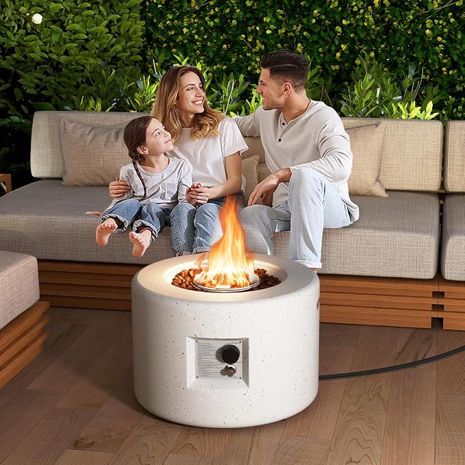 Tangkula Propane Fire Pit Table, 25.5” Round Terrazzo Gas Fire Pit with Stainless Steel Burner & Lava Rocks, Protective Cover & Tank Seat Included, 40,000 BTU Smokeless Fire Pit for Outside Patio
