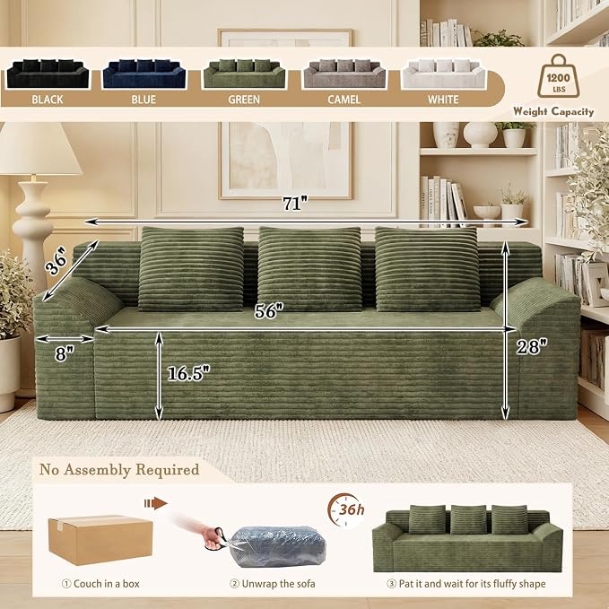 71" Corduroy Living Room Sofa, 3 Setaser Deep Seat Couch with 3 Lumbar Pillows, Comfy Boneless Sofa Modern Compressed Couch for Bedroom, Office, Apartment, No Assembly, Curved Armrests (Green)
