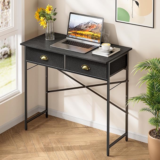 DAOUTIME Black Writing Desk for Kids Bedroom, 31.5 Inch Small Computer Desk for Small Spaces, Simple Desk with 2 Fabric Drawers for Home Office, Dorm, Living Room, Home Study Table, Black