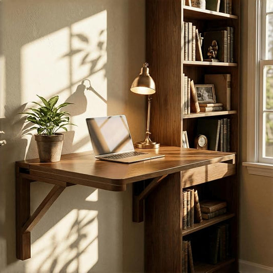 MM MELISEN Wall Mounted Desk - 32x24 Inch, Walnut Finish Solid Wood Desk for Bedroom Office or Laundry Room. Folds Down for laptops, up for Space. Ideal for Apartments, dorms, and Small Homes