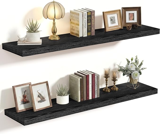 Vivelove 36 Inches Floating Shelves Wall Mounted, 10" Deep Wall Shelves for Bedroom, Bathroom, Living Room, Kitchen, Office, Home Decor, Modern Shelf, Set of 2, Black, 36x10.2x1.5