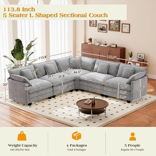 113.8" Modular Sectional Sofa,Cloud Couch for Living Room,Modern Deep Seat Sofa 5 Seater Chenille Fabric Comfy L Shaped Couches with Throw Pillows for Apartment