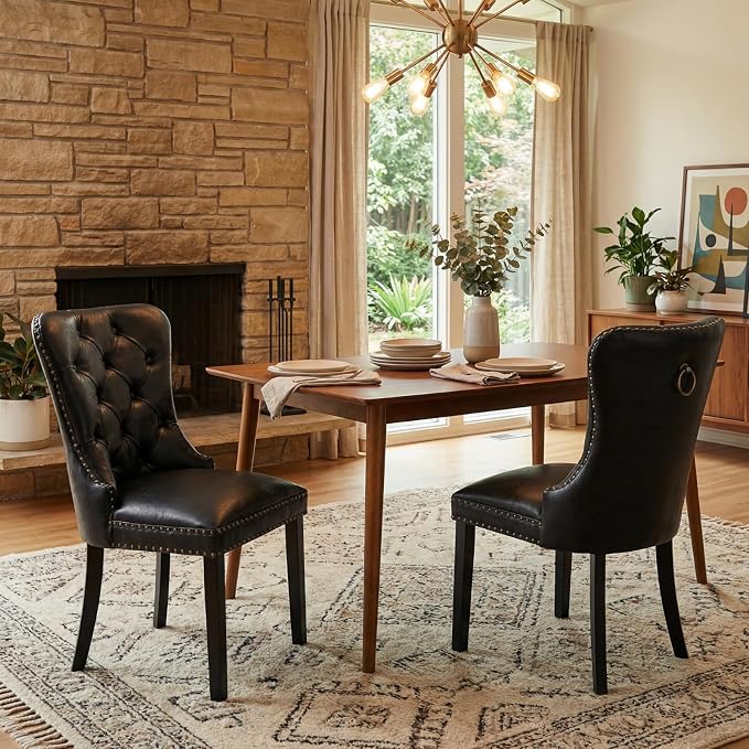 CIMOTA Black Leather Dining Chairs Set of 2 Mid Century Modern Dining Room Chairs Tufted Upholstered Kitchen Dining Chairs Comfortable Side Chairs with Nailhead Trim/Ring Back (PU /2PCS)