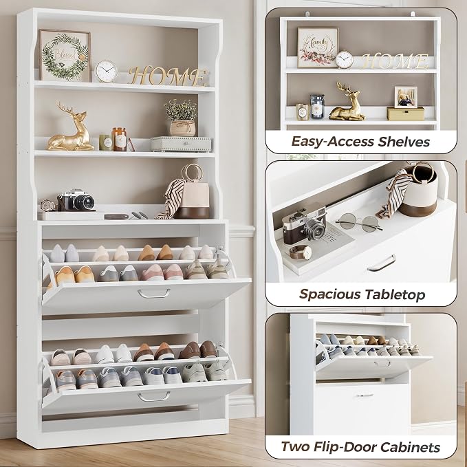 IRONCK Tall Shoe Cabinet with 2 Flip Drawers, Narrow Hidden Shoe Storage Cabinet with Shelves, Slim Freestanding Shoe Organizer for Entryway, Hallway, White