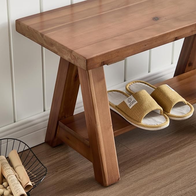 Solid Wood Entryway Bench, 30" Rustic Small Storage Bench 2-Tier Farmhouse Wooden Bench with Shelf Narrow Bench Seat Indoor for Entryway, Living Room, Dining Room, Hallway, Walnut