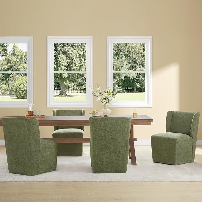 KISLOT Upholstered Dining Chairs Set of 4 with Casters, Wingback Modern Side Armless Deskchair with Rollers for Diningroom Bedroom Livingroom Reading Room, Green Fabric