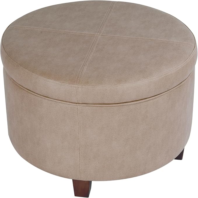 Homepop Home Decor | Upholstered Faux Leather Round Storage Ottoman | Ottoman with Storage for Living Room & Bedroom, Taupe Brown