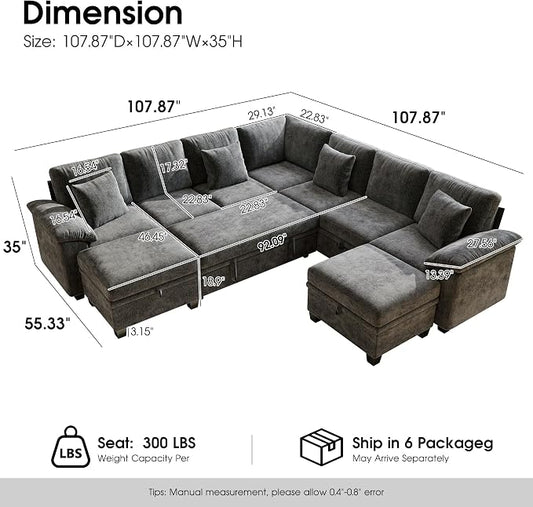 107.8" Oversized Modular Sectional Sofa with Pull Out Bed, 9 Seat U Shaped Sectional Sleeper Sofa with 291L Storage, Convertible Cloud Couch Bed, Sectional Couches for Living Room, Apartment (Gray)