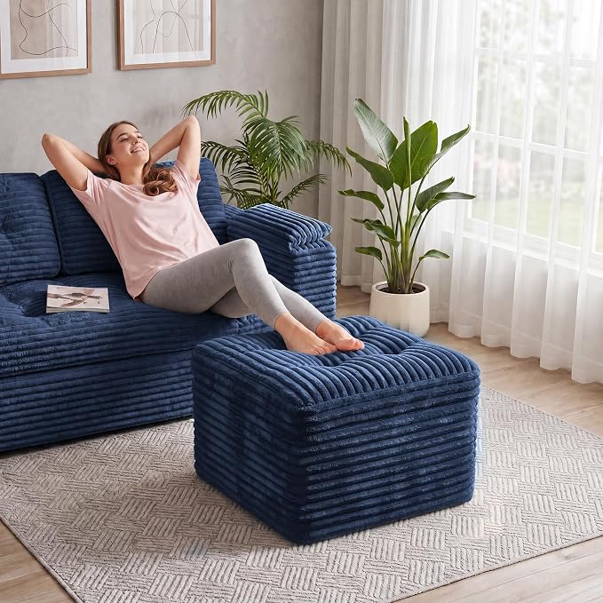23.6in Pouf Ottoman, Corduroy Ottoman Foot Rest with Dual‑Layer Support, Large Poofy Pouf with Soft Chunk‑Foam Top & Firm Foam Base, Floor Foot Stool for Living Room, Blue