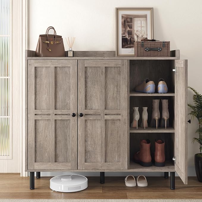 5+2 Tier Shoe Storage Cabinet with 3 Doors, 40" Tall Entryway Cabinet for 30 Pairs Shoe, Shoe Rack Organizer with 5 Adjustable Shelves & Metal Legs, Shoe Storage for Front Door Entrance, Washed Gray