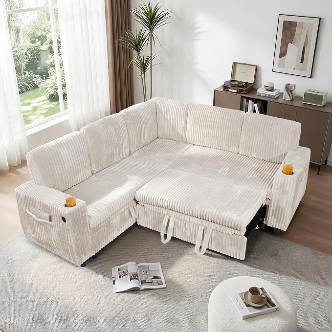 Sectional Sleeper Sofa with Pull Out Bed, Plush Corduroy 5 Seat L Shaped Couch with Storage, USB Ports, Cup Holders, Comfy Modular Sectional Couches for Living Room, Beige