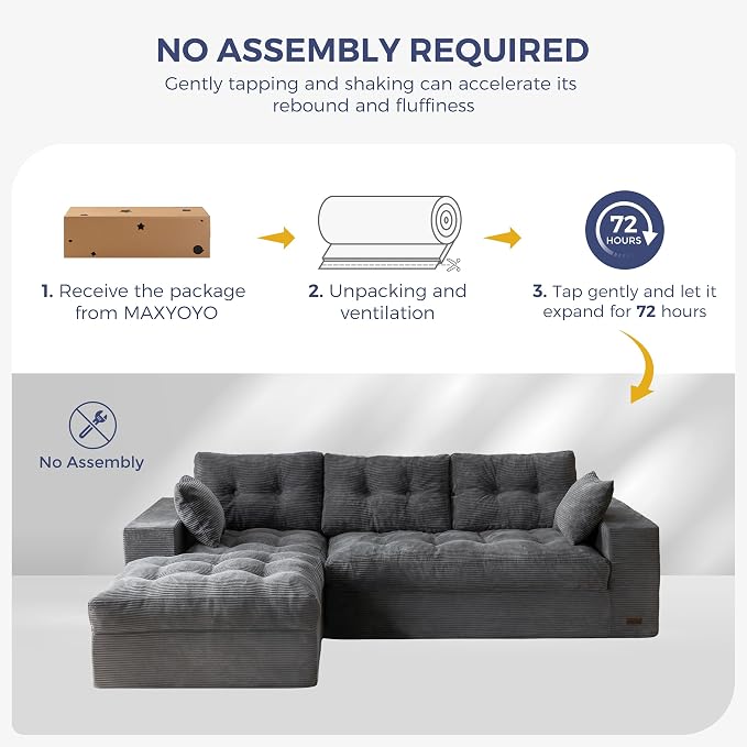 MAXYOYO 96" L Shaped Modular Sectional Sofa with Ottoman, Cloud Boneless Couch with Layered Cushion, Upholstered Sofa in a Box, Flexible Module Combination for Living Room, No Assembly, Dark Grey