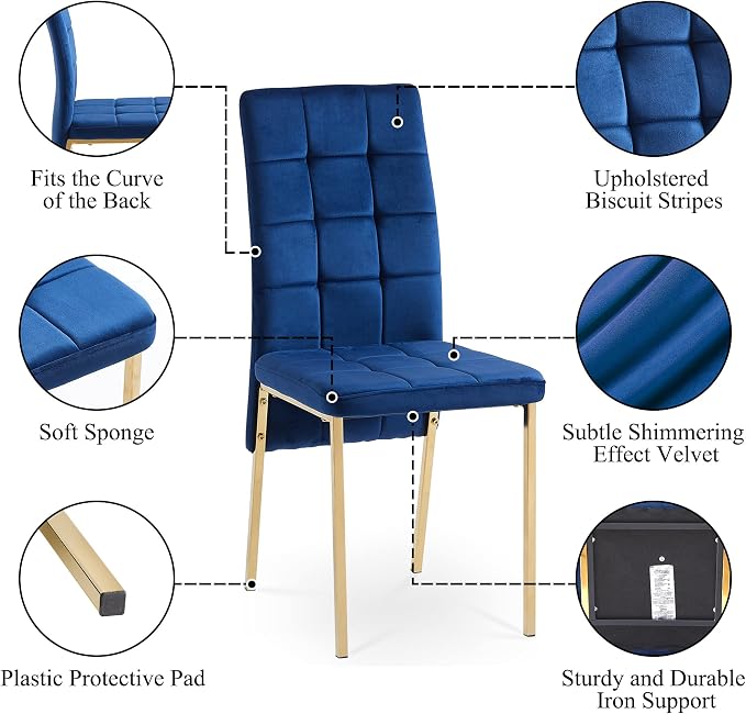 NORDICANA Upholstered Velvet Dining Chairs Classic Kitchen High Back Chairs Set of 4, Featured Dovetail Tufted Side Chairs, Golden Color Metal Legs, Navy Blue