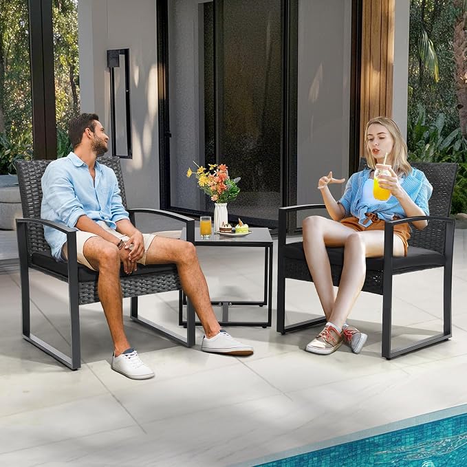 3 Piece Outdoor Wicker Bistro Set, Rattan Patio Conversation Set with Coffee Table & Washable Cushions for Porch Yard Balcony, Black/Black