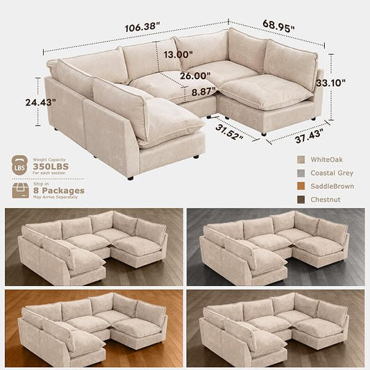 Iroomy Modular Sectional Sofa, Oversized Chenille Cloud Couch, Deep Comfy Seat, 5-Seater Sofas Couches for Living Room, Beige