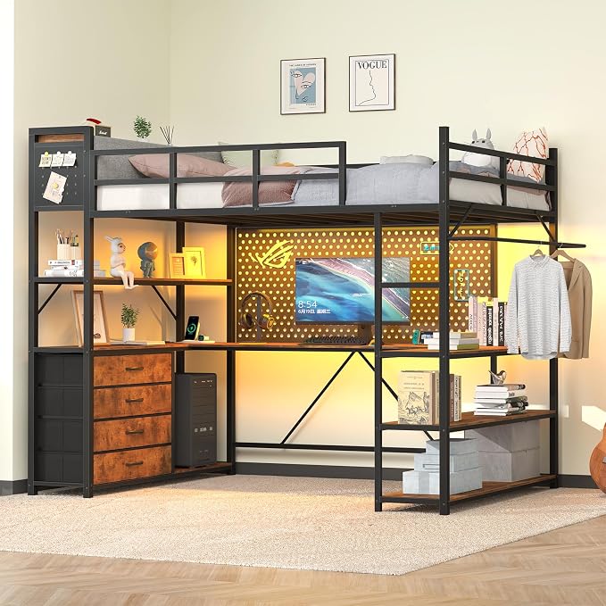 Loft Bed Twin Size with Storage Upholstered Headboard, Metal Twin Loft Bed Frame with U-Shaped Desk & LED Lights, Bunk Loft Beds with Power Outlet, Loft Beds with 4 Storage Drawers, Guard & Ladder