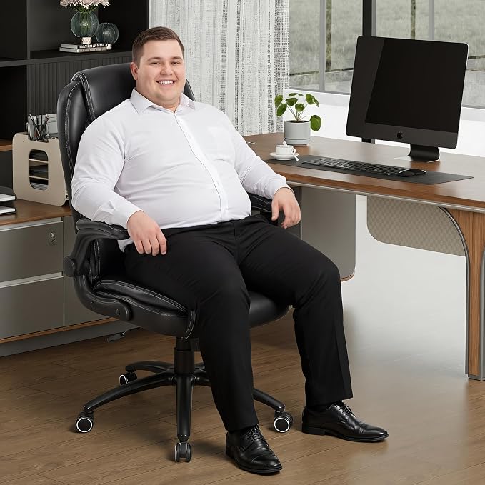 MALOL 300lbs Office Chair with Flip-Up Armrests & Reclining Backrest, Ergonomic PU Leather Executive Desk Chair-Adjustable Height & Tilt Tension, Black