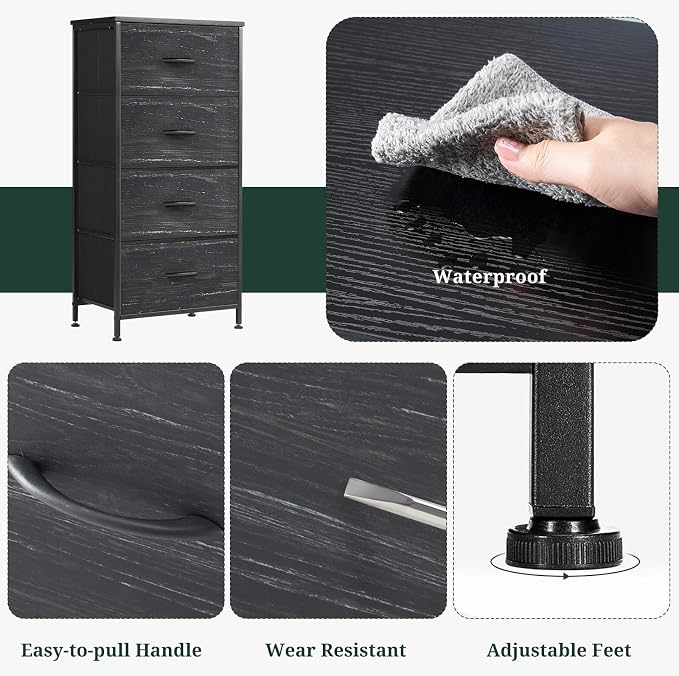 4 Drawers Dresser for Bedroom, Fabric Storage Tower Organizer with Wooden Top and Steel Frame, Tall Chest of Drawers for Closet, Entryway, Dorm, Charcoal Black