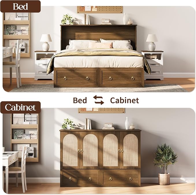 Yoobure Queen Murphy Bed with Charging Station - Rattan Queen Bed Frame with Storage Drawers, Wood Cabinet Beds for Guest Bedroom, Living Room, Office, Farmhouse Hideaway Beds with Foldable Platform