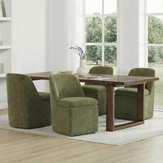 KISLOT Upholstered Dining Chairs Set of 1 with Casters, Modern Side Armless Deskchair with Washable Slipcover & Sturdy Metal Frame for Diningroom Bedroom Livingroom Reading Room, Green Fabric