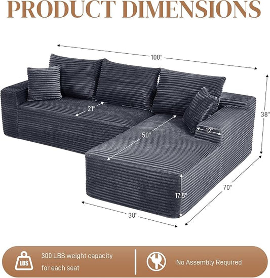 108" L Shaped Cloud Boneless Sectional Couches for Living Room, Modern Comfy Modular Deep Seat Memory Foam Compressed Corduroy Sofa Oversized Right Facing Chaise, No Assembly Required, Grey