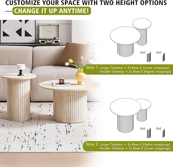 Round Nesting Coffee Table Set of 2, Fluted for Small Spaces | Modern style, suitable for living rooms, roller design, wooden