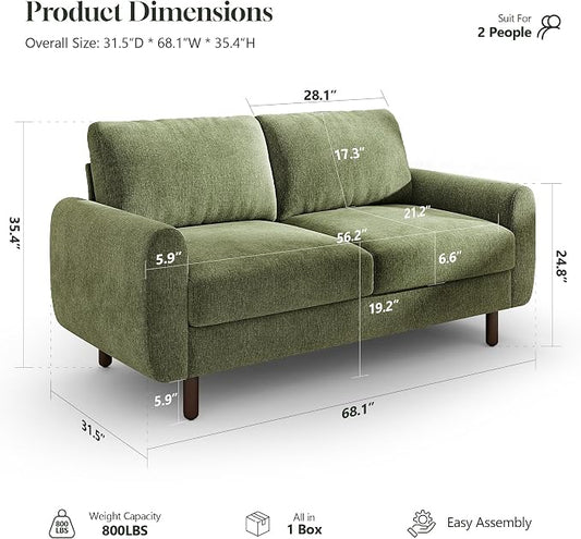 WorthFurni 68" Loveseat Sofa, Comfy Chenille Fabric Couches for Living Room with Spring Cushion and Solid Wood Frame, Modern Deep Seat Couch for Bedroom, Apartment, Office, Easy Assembly,Green