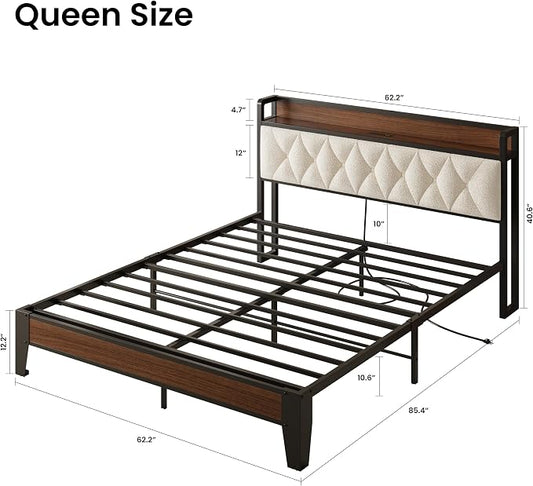 ANCTOR Queen Bed Frame with Storage Headboard & Charging Station, Metal Platform Queen Bed, Upholstered Tufted Headboard, Heavy Duty Slat Support, Noise Free, No Box Spring Needed, Walnut and Cream