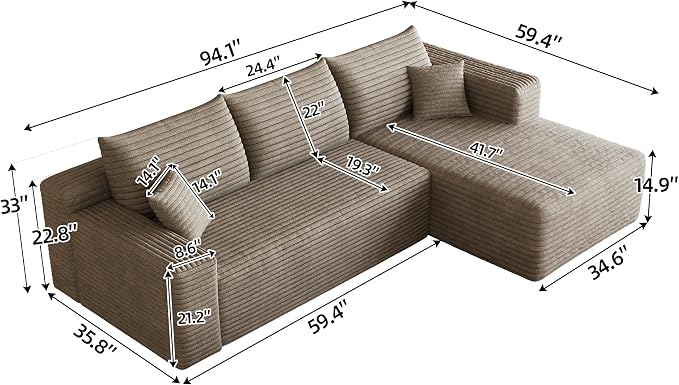 95" L Shaped Boneless Sectional Sofa Couch with Chaise Lounge, Minimalist Right Facing Compressed Cloud Modular Sectional Sofa Corner Couchfor Living Room,No Assembly Required