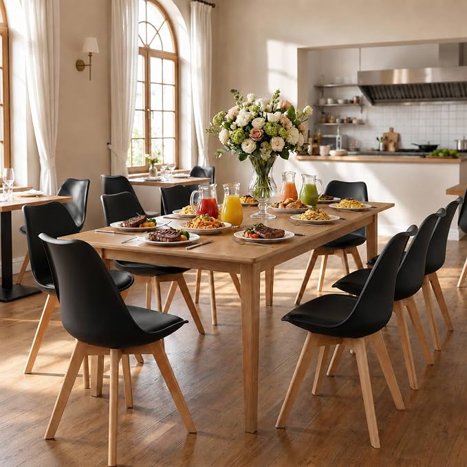 Dining Chairs Set of 8, Modern Upholstered Dining Room Chairs with PU Leather Padded Seat, Armless Kitchen Chairs with Curved Backrest and Solid Wood Legs for Dining Room, Kitchen, Apartment, Black