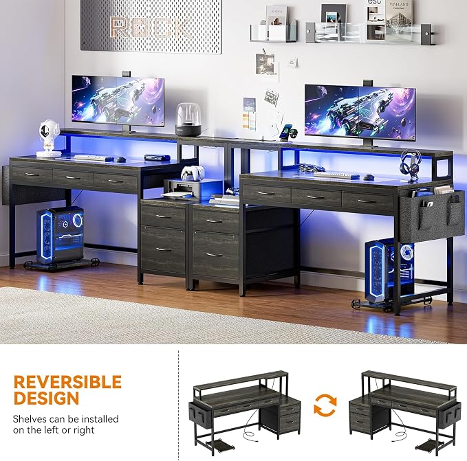 REAHOME 61 Inch Gaming Desk with Charging Station and LED Lights, Reversible Computer Desk with Storage Drawer and Monitor Stand, Modern Desk Table with File Cabinet & Side Pocket, Grey Oak