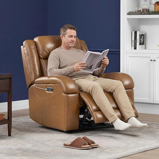Watson & Whitely Genuine Leather Power Recliner Chairs for Adults, Wall Hugger RV Recliner with Power Headrest & Charging Ports, Electric Recliner Sofa Chair for Living Room, Saddle Brown