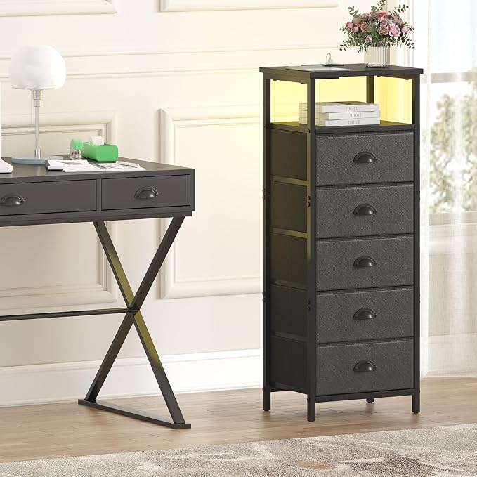 sthmec Nightstand with Charging Station,LED Black Nightstands with 5 Fabric Drawers PU Finish, Bedside End Tables, 2-Tier Open Storage Shelf Side Table Nightstand with Drawers for Bedroom, Black