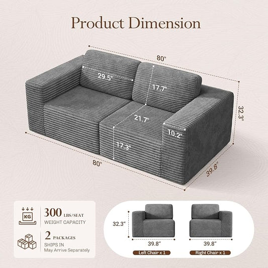 Vesgantti 80" Modular Sectional Sofa, Corduroy Cloud Couch with Deep Seating & Spring Support, 2 Seater Compact Modular Couch, Boneless Sectional Sofa for Small Spaces, No Assembly Required, Grey