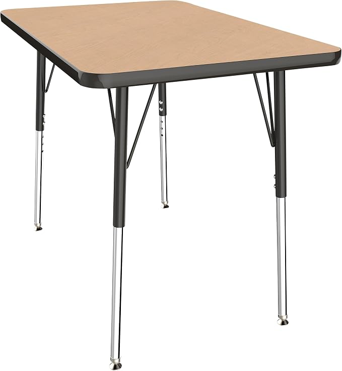 FDP Rectangle Activity School and Office Table (24 x 36 inch), Standard Legs with Swivel Glides, Adjustable Height 19-30 inches - Maple Top, Black Edge and Legs, 10003-MPBK