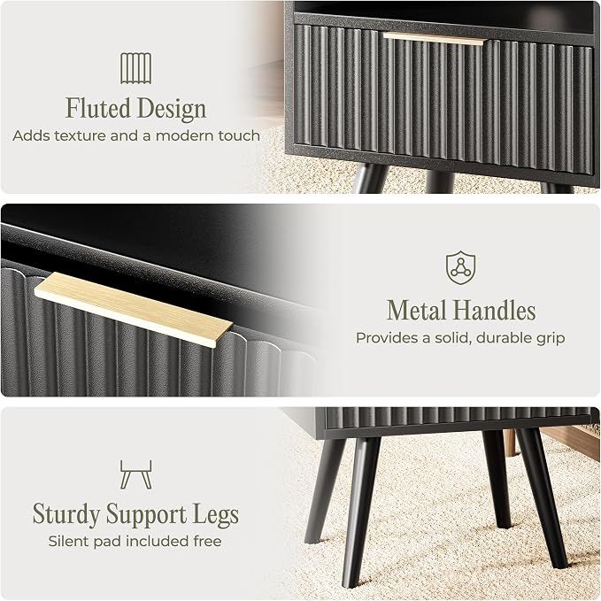 Huuger Nightstand with Charging Station, USB-C Port, Fluted Night Stand with Drawer, Bed Side Table with Solid Wood Feet, Open Storage, End Table with Raised Edge, for Bedroom, Black