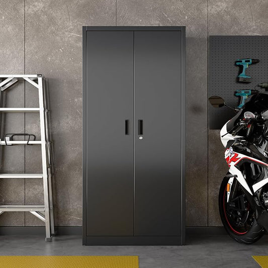 SUXXAN Metal Storage Cabinet with Pegboard 71'' x 34'' x 18'',Lockable Steel Storage Cabinet with 5 Adjustable Shelves and Door for Garage, Office, Kitchen, Assembly Required(Black)