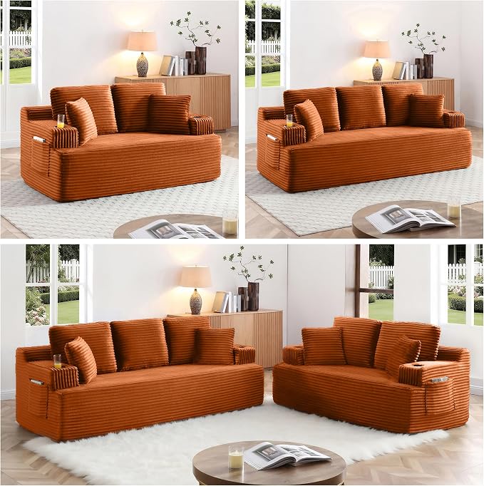 Boneless Sofa Couch Set with Cup Holders & Side Pockets, Modern Corduroy Fabric Upholstered 3-seat Couch & Loveseat Set with 4 Throw Pillows for Living Room, Office, No Assembly (Orange)